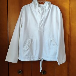 Merona Woman's Size L White Popover With Hood Front Button Pockets